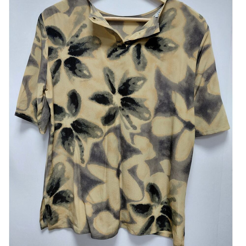 JAEGER Britain Silk Floral Top Beige Short Sleeve Collared Women Size XS
